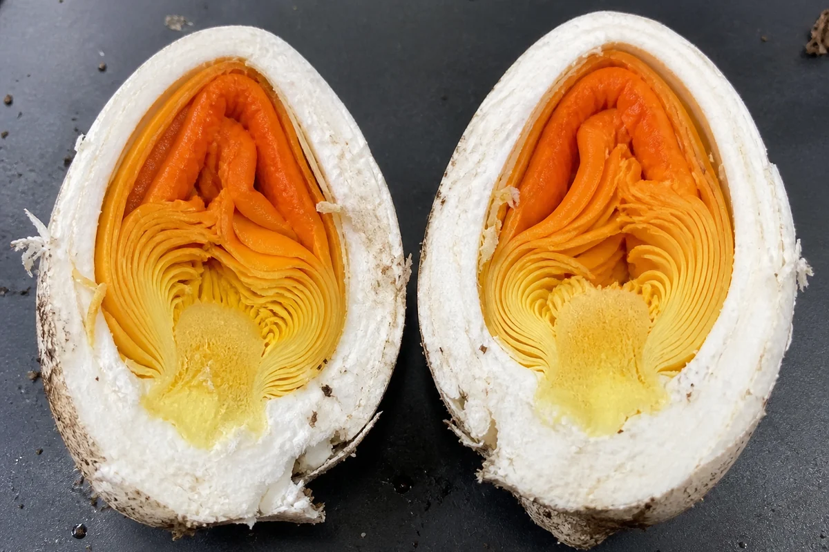 A white egg-shaped mushroom button cut cleanly in half lengthwise on a dark tray, the inside showing a bright orange folded cap and yellow gills packed within a white outer skin