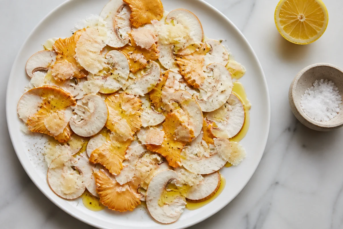 Thinly sliced pale and orange mushroom arranged on a white plate with olive oil, lemon and shavings of hard cheese, a lemon half and a dish of salt beside it