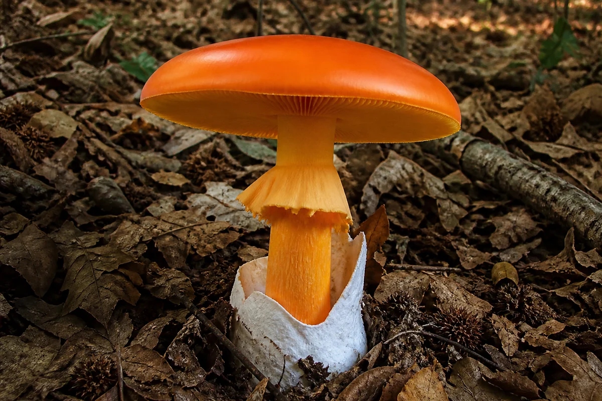Caesar's mushroom in oak leaf litter with a smooth bright orange cap, yellow gills and a loose white bag at the base