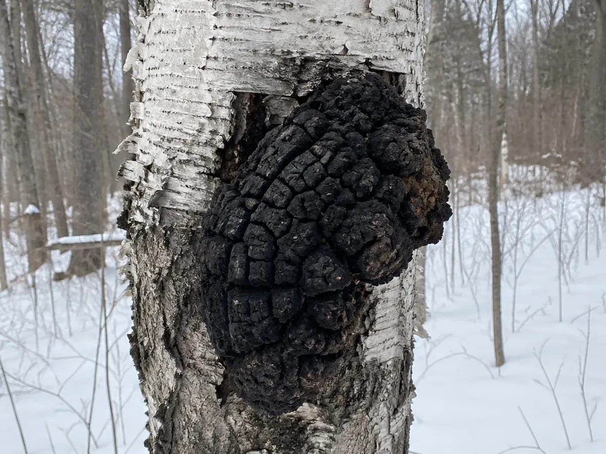 Large black cracked chaga conk on the trunk of a living white birch in a snowy forest