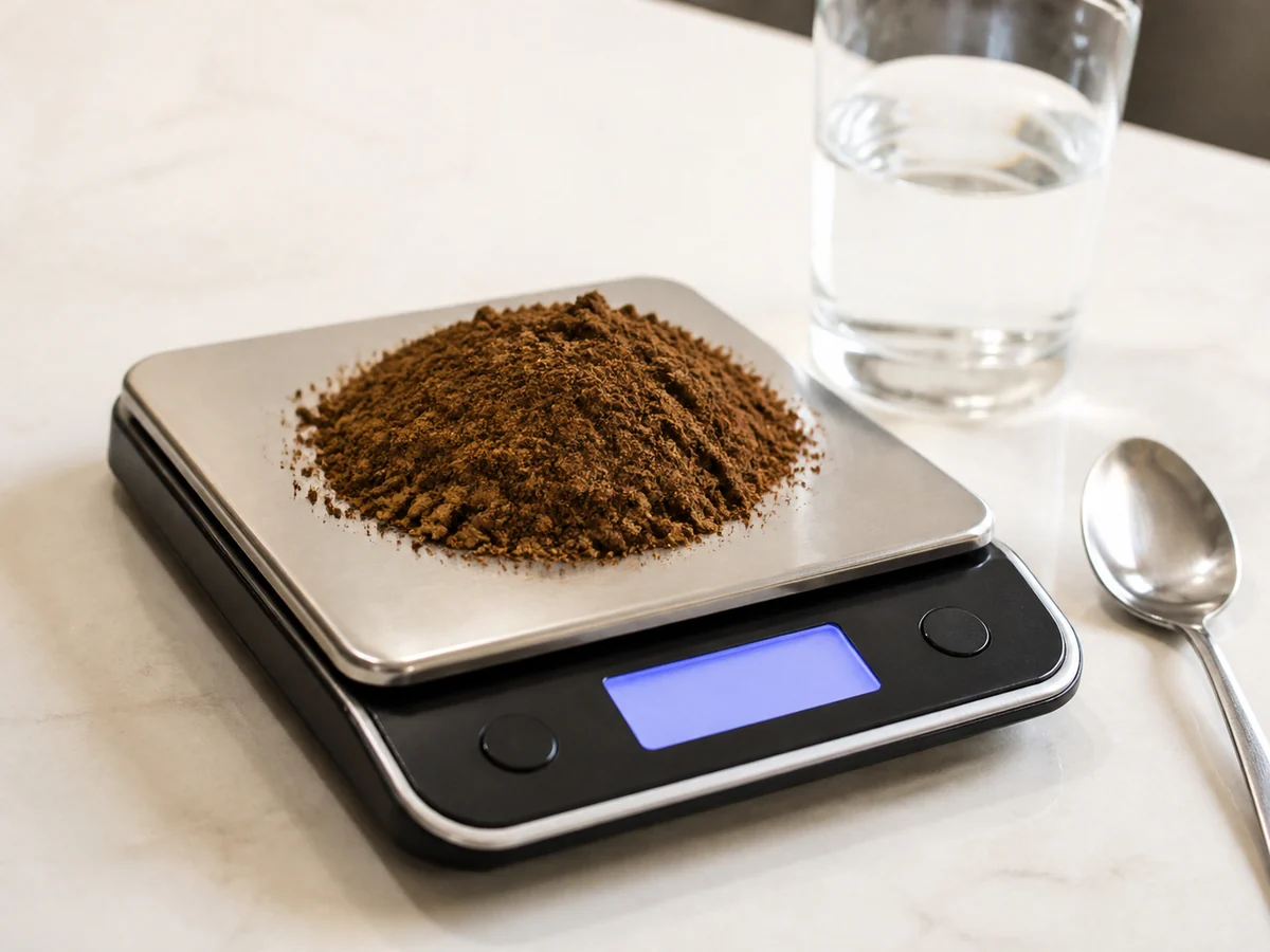 Digital kitchen scale holding a mound of dark brown chaga powder with a glass of water beside it