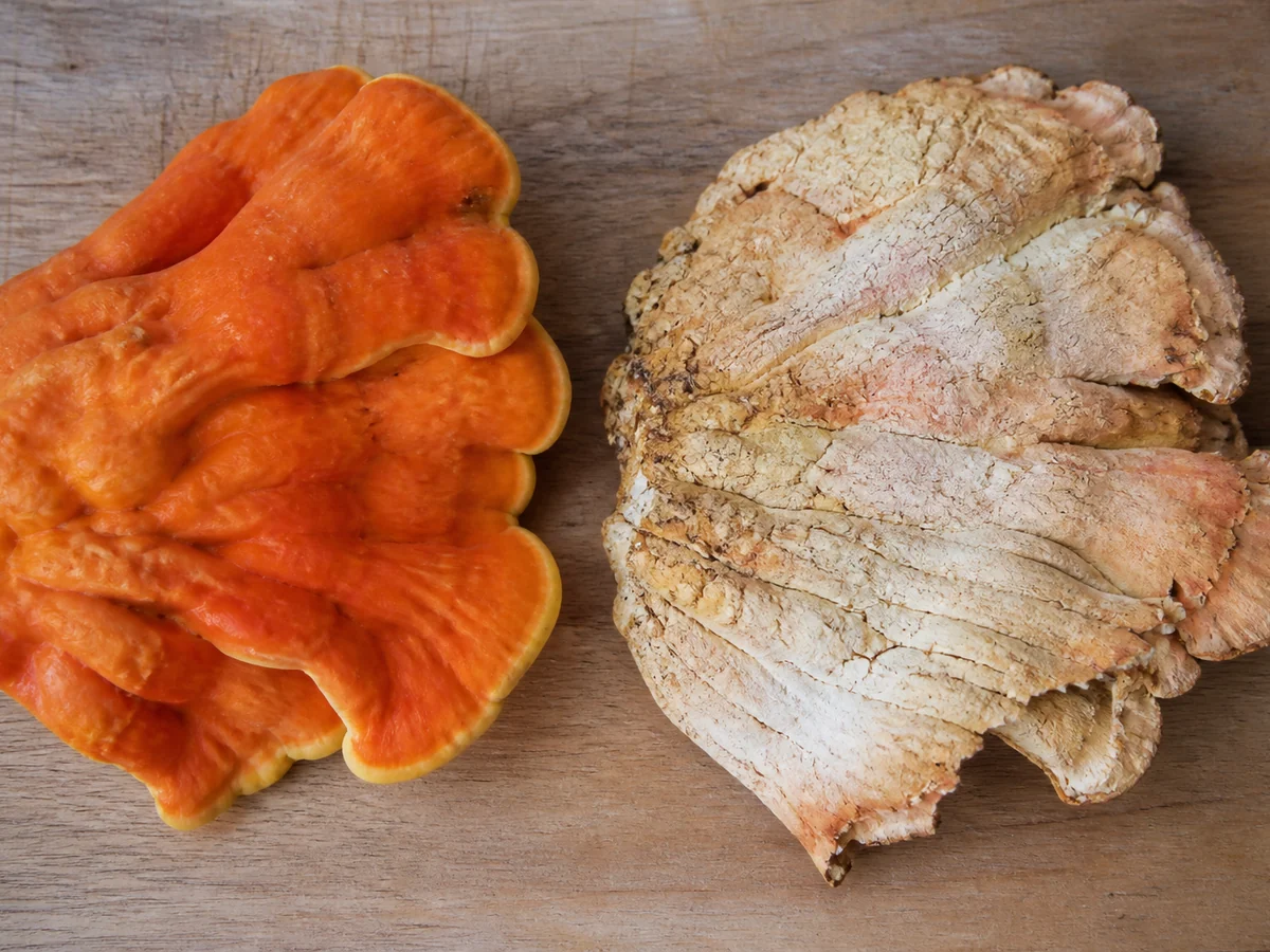 Two pieces of chicken of the woods side by side, the left young with a soft moist bright orange margin and the right old with a faded chalky pale surface and dry cracked edge