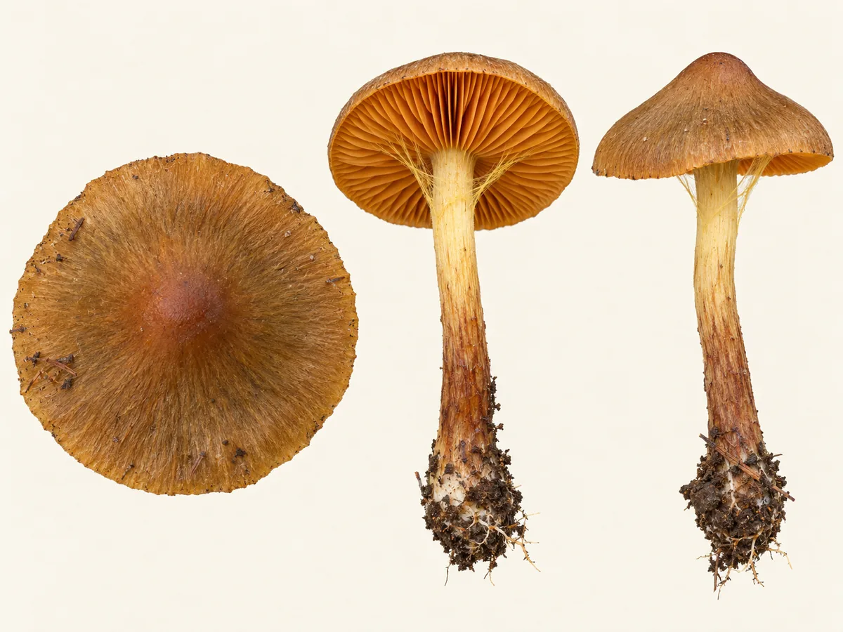 Cinnamon webcap cap fibers, orange attached gills, cortina threads and yellow-brown stem