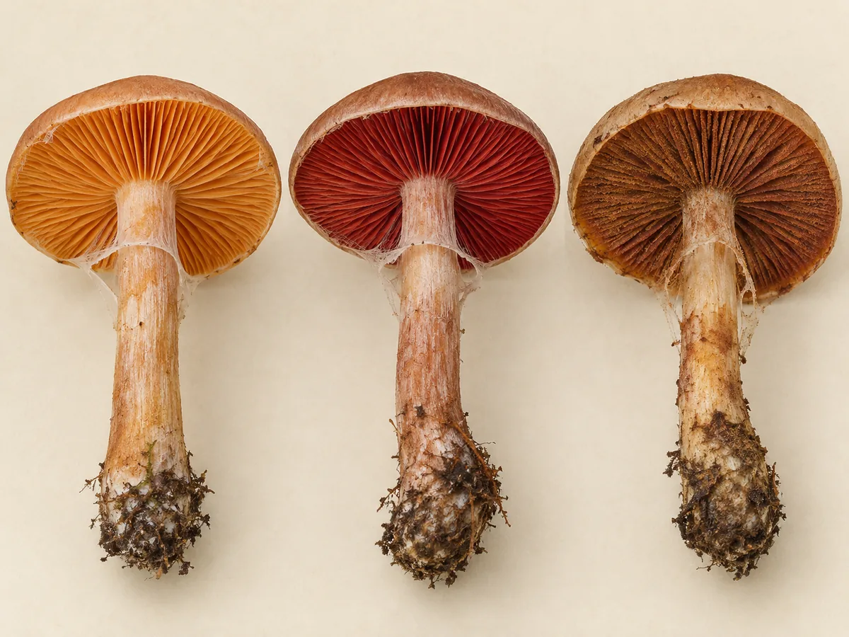 Three webcap undersides comparing orange, blood-red and rusty mature gills