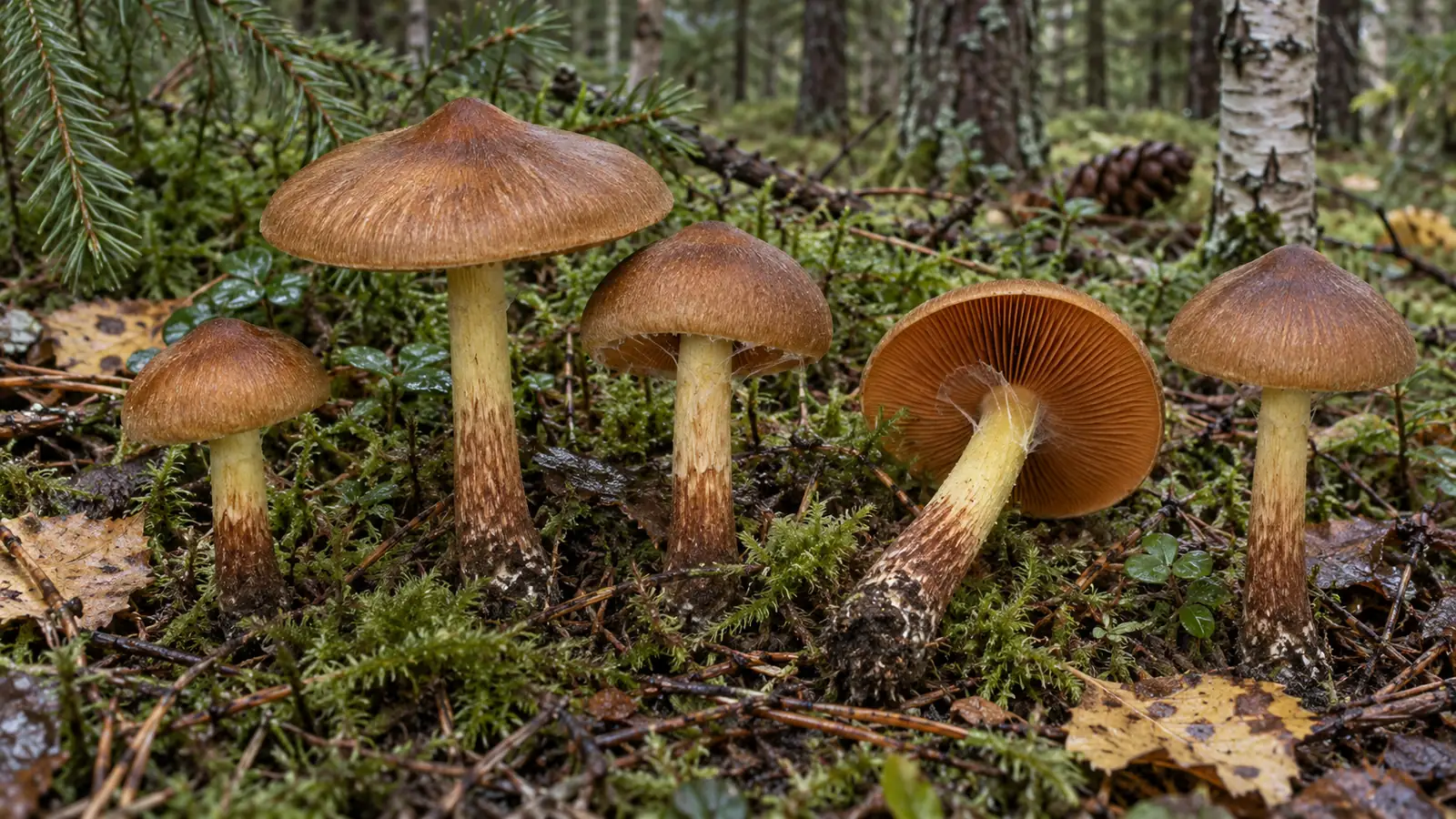 Small cinnamon webcaps with brown caps, orange gills and yellowish stems in moss
