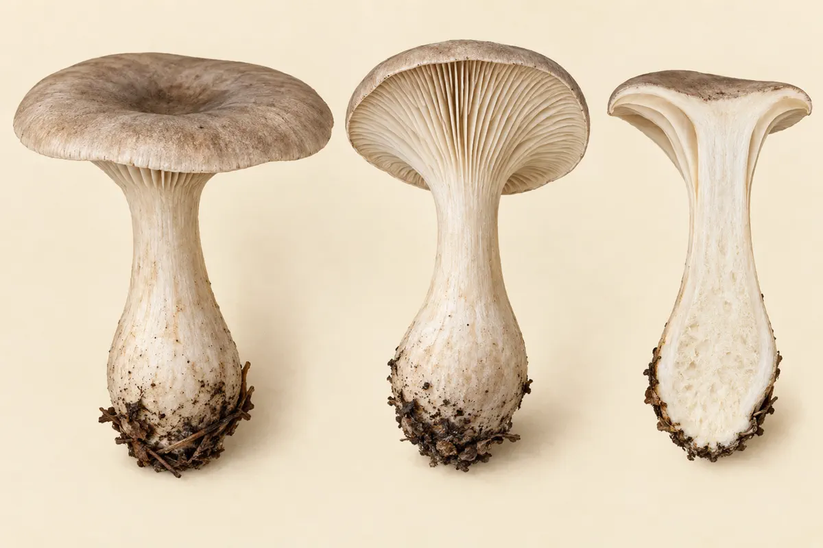 Club foot exterior, pale decurrent gills and a lengthwise view of the soft lower stem