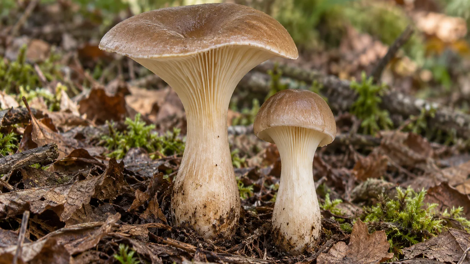 Two club foot mushrooms showing pale decurrent gills and swollen lower stems in woodland litter
