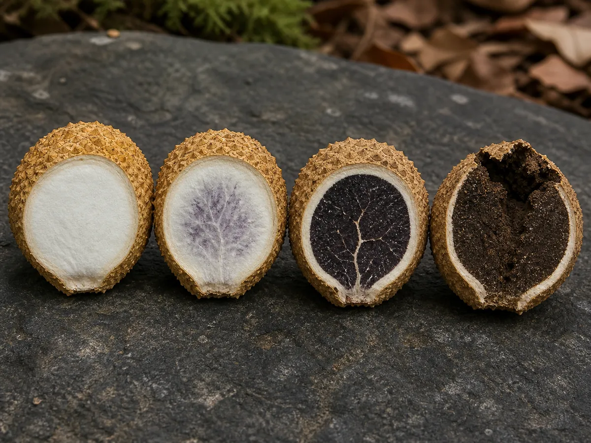 Four common earthballs cut from top to base at successive stages of maturity