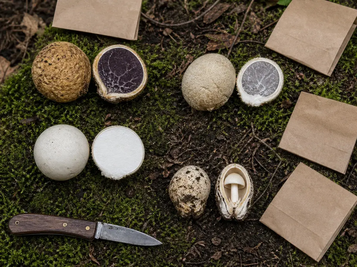 Separate intact and cut specimens from one patch showing dark earthballs, a uniformly white puffball, and an immature gilled mushroom button