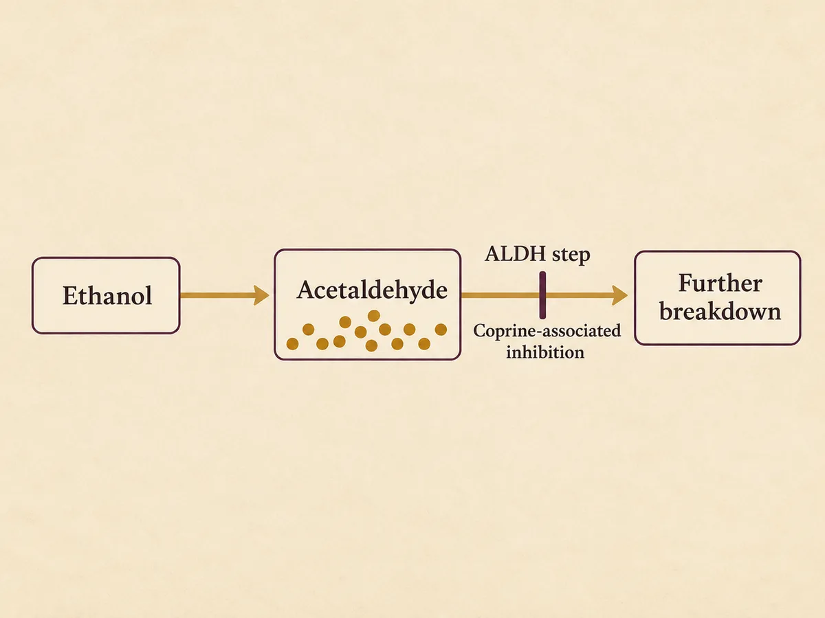 Illustrated alcohol-processing sequence with an inhibited ALDH step after acetaldehyde