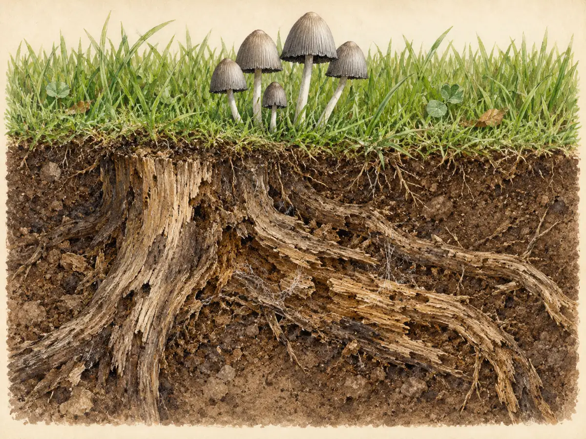 Illustrated soil cutaway with gray inkcaps above buried decaying roots beneath grass