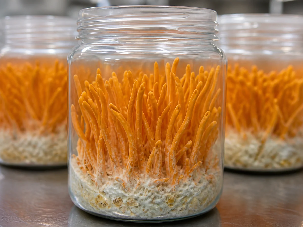 Dense bright orange cordyceps militaris clubs growing upright from white grain substrate in a clear culture jar