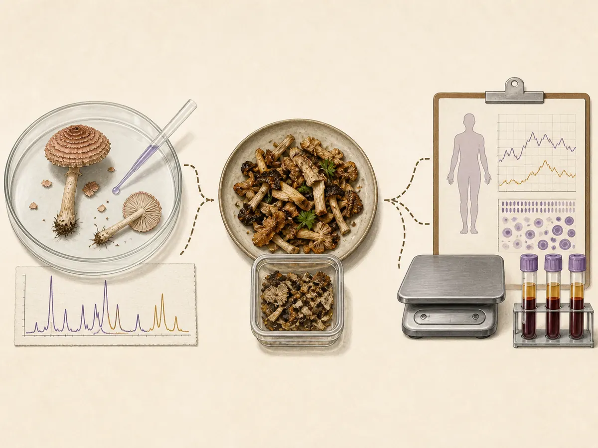 Diagram separating a tested deadly dapperling specimen, an uneven mixed meal, and a patient's clinical evidence