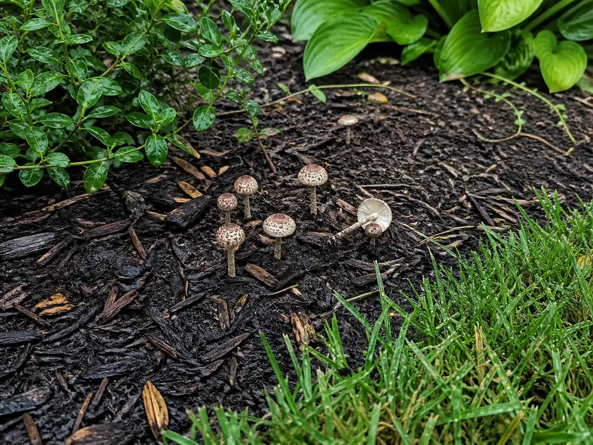 Several deadly dapperlings emerging through damp ornamental mulch beside lawn grass after rain