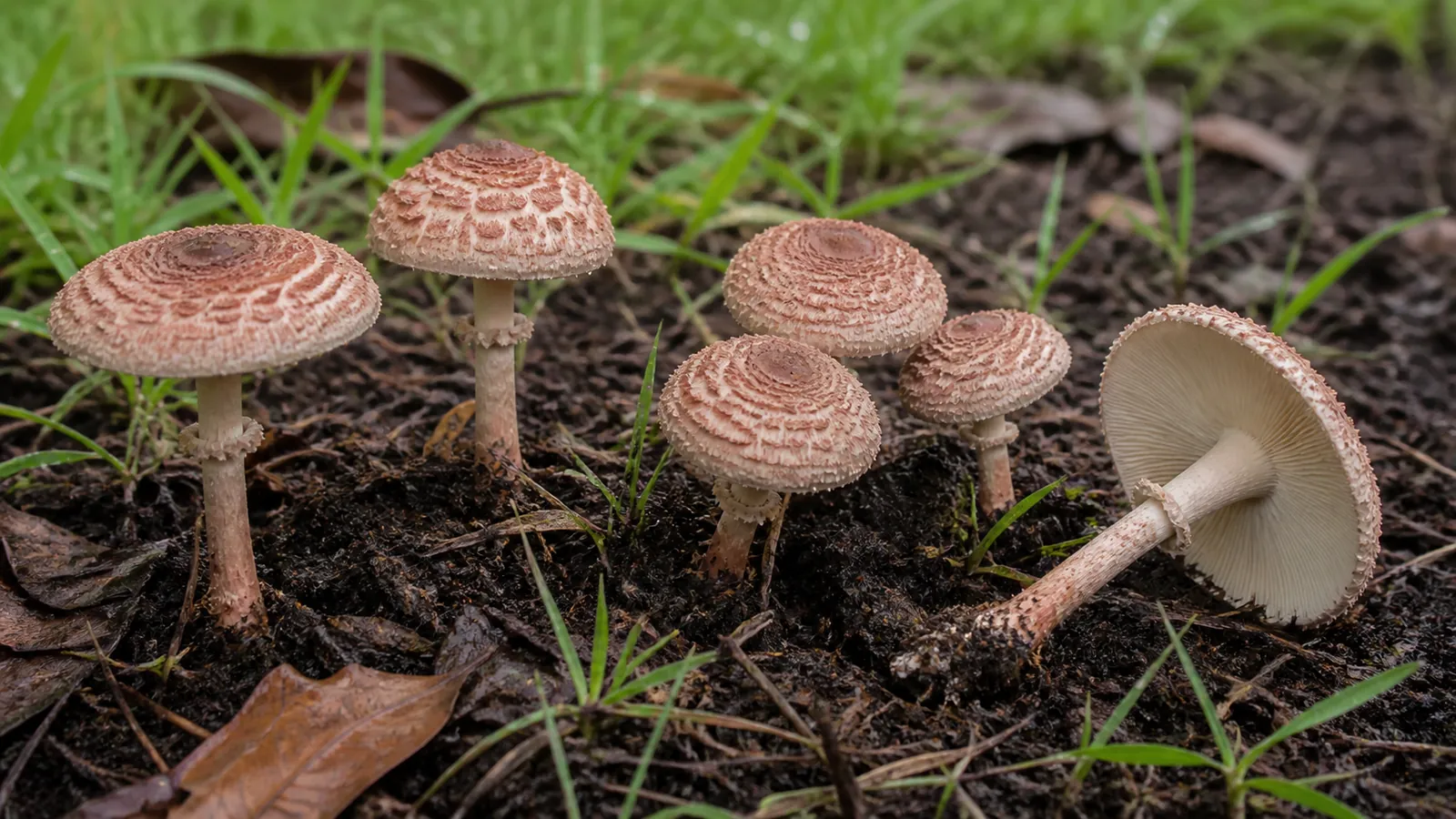 Small deadly dapperling mushrooms with pink-brown scaled caps and pale gills in damp soil