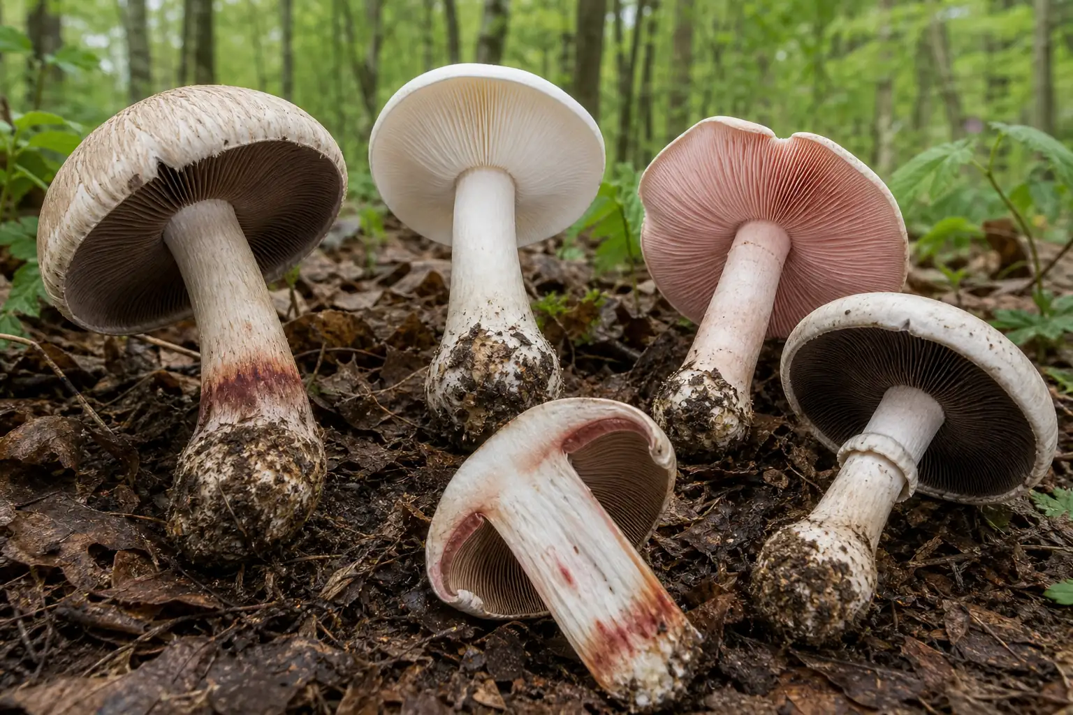 Deadly fibrecap with brown attached gills and red injury stains beside white-gilled, pink-gilled, and ringed spring lookalikes