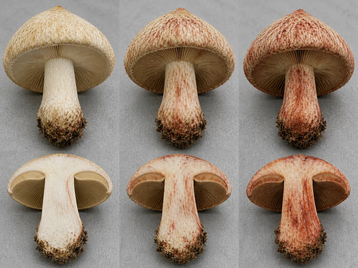 Deadly fibrecap before handling and after timed brick-red staining on cap, gills, stem, and cut flesh