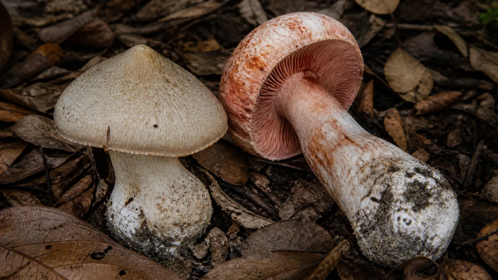 Pale deadly fibrecaps with fibrous caps and brick-red stains on soil beneath broadleaf trees