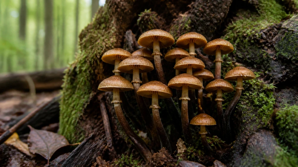 A tight cluster of small tawny deadly galerina mushrooms growing from rotting wood