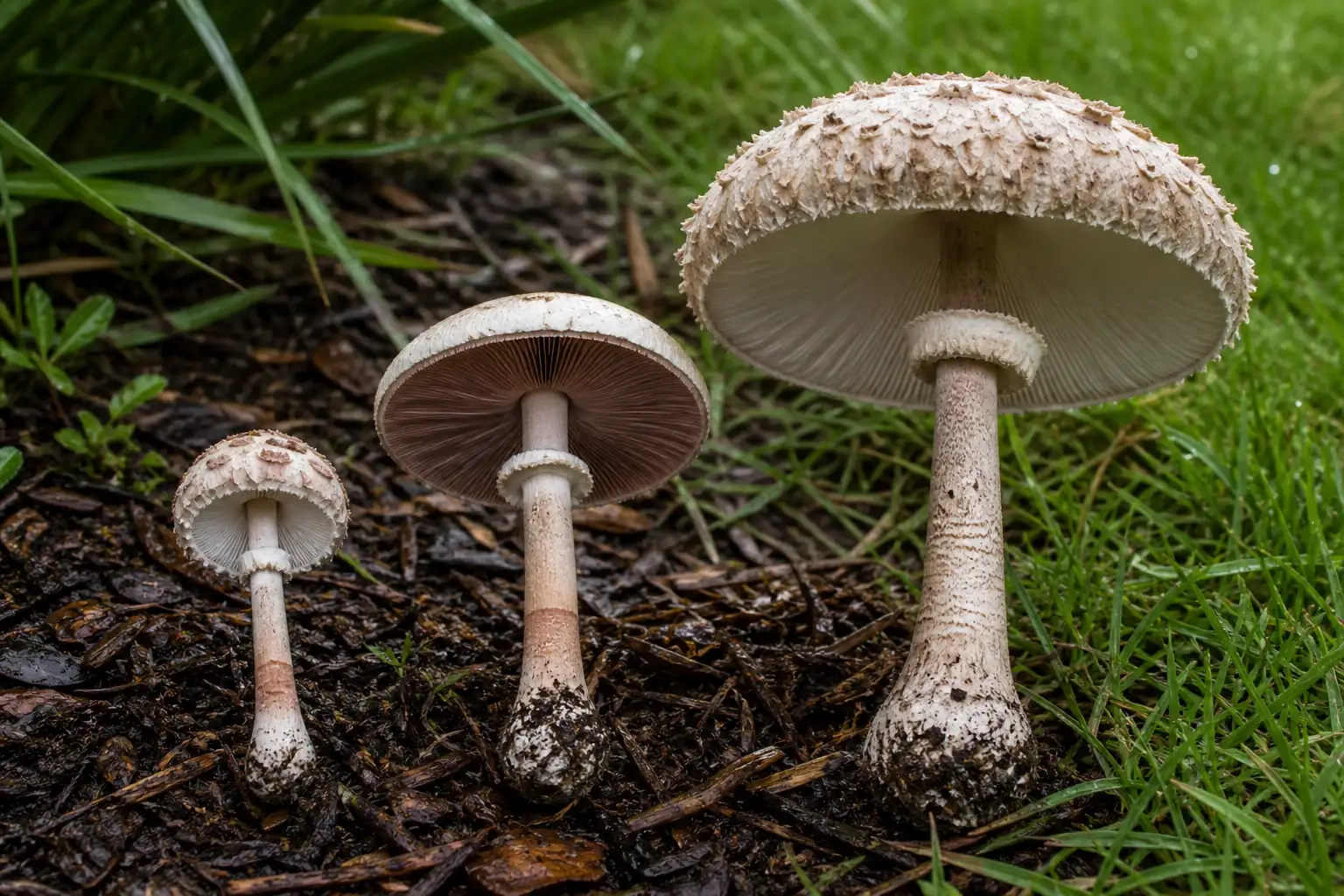 Small deadly parasol beside a brown-gilled field mushroom and a much larger shaggy parasol at a lawn and mulch edge