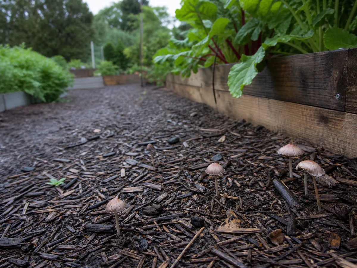 Deadly parasols emerging from rain-darkened wood-chip mulch beside a community garden path