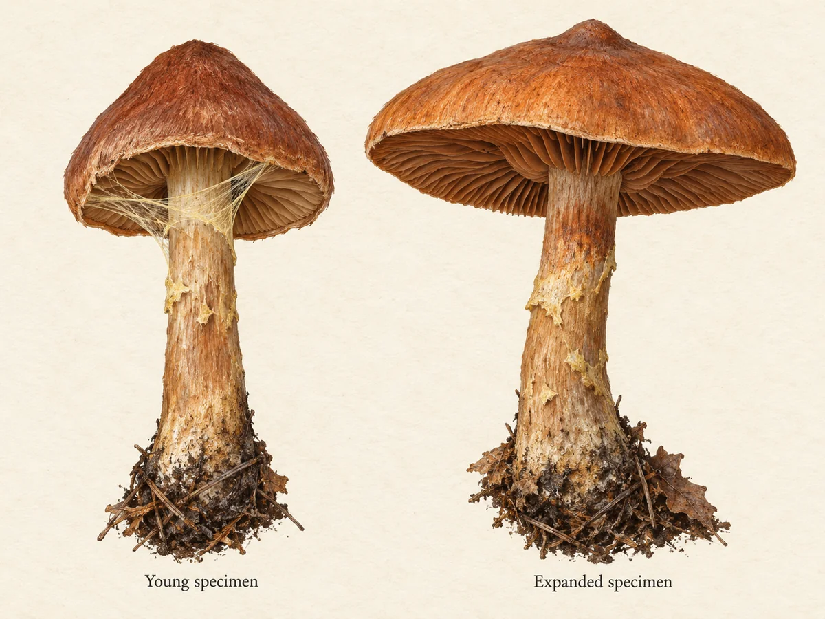 Young and expanded webcaps showing the changing cortina and gill color