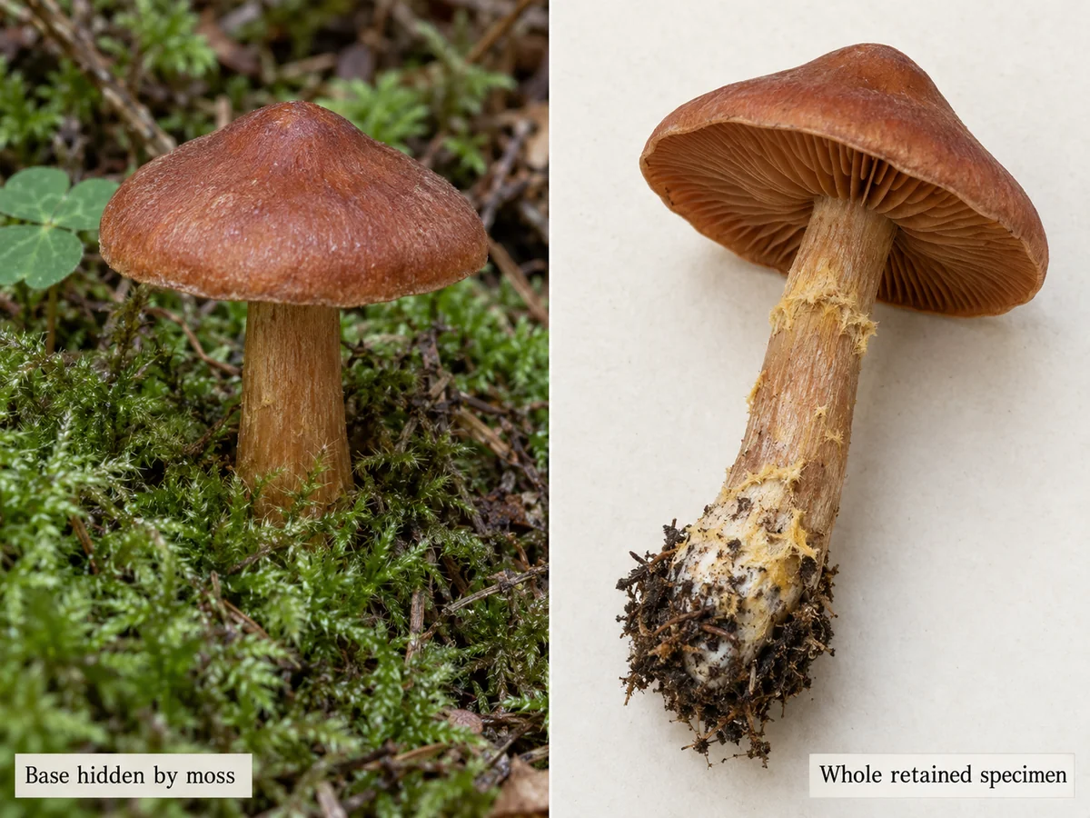 Webcap stem concealed by moss beside an intact retained specimen