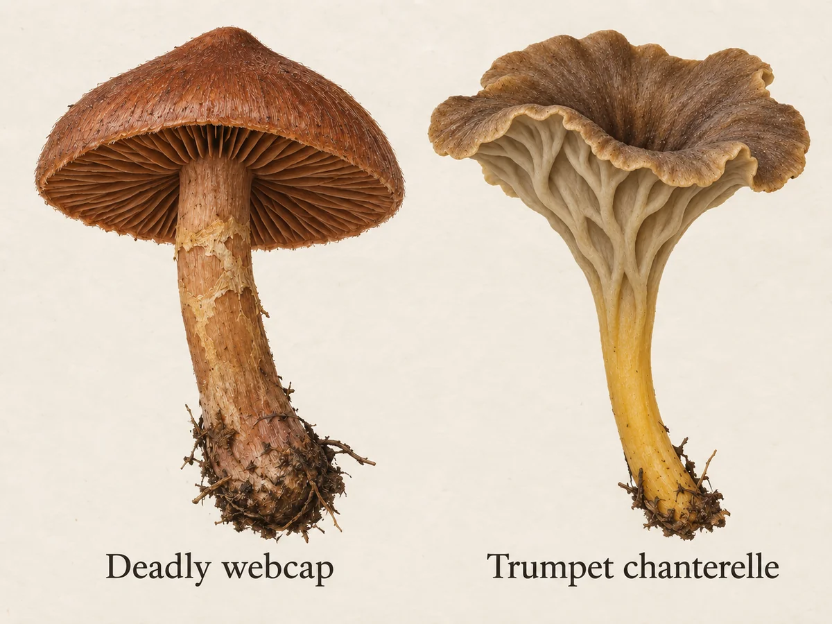 Brown-capped deadly webcap beside trumpet chanterelle