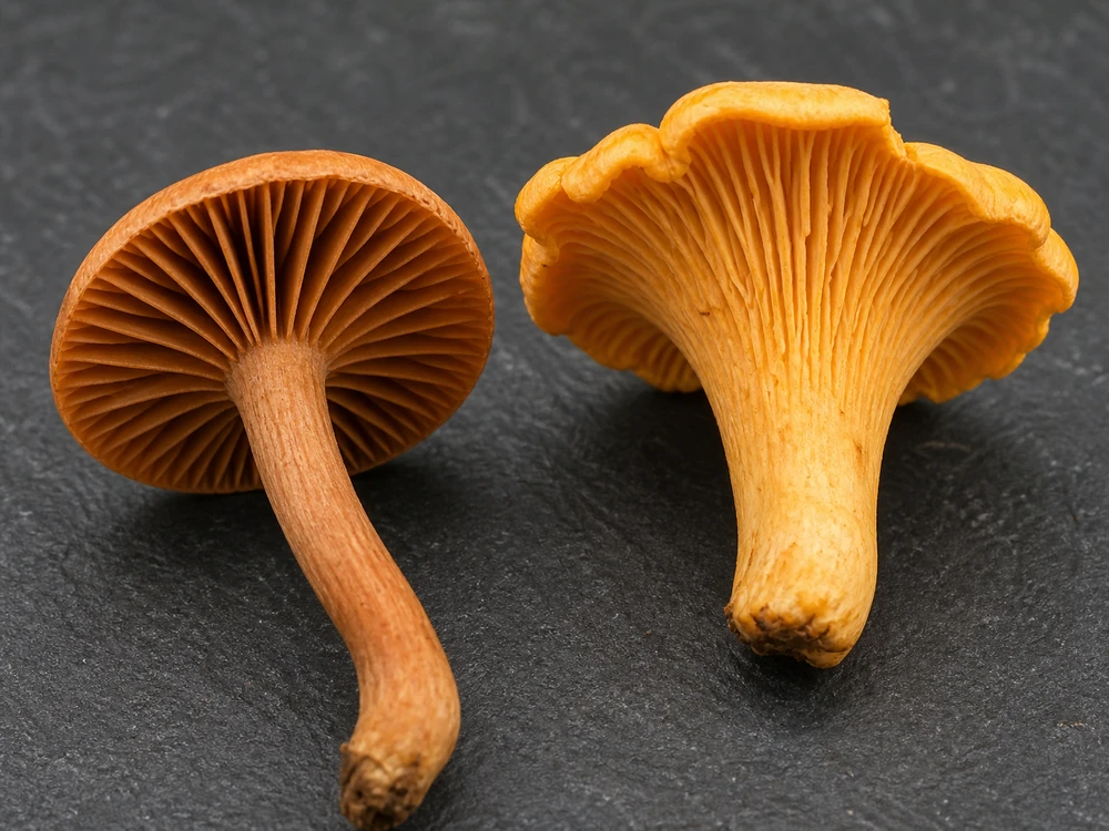 True gill blades beside blunt chanterelle folds