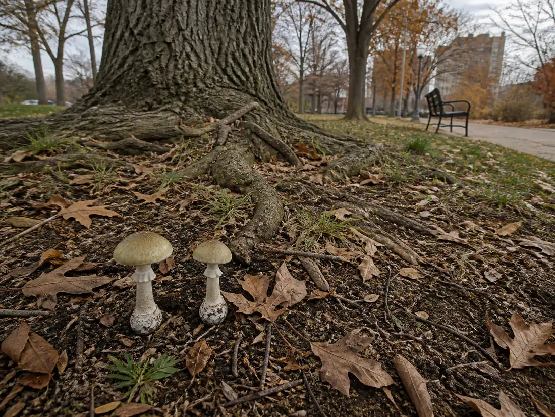 Death caps fruiting beside exposed roots of a planted oak in an urban park