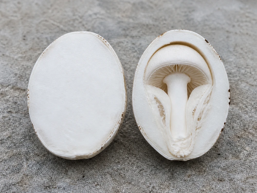 Two white egg-shaped mushrooms sliced top to bottom side by side, one solid white inside and one showing a small cap and gills forming within