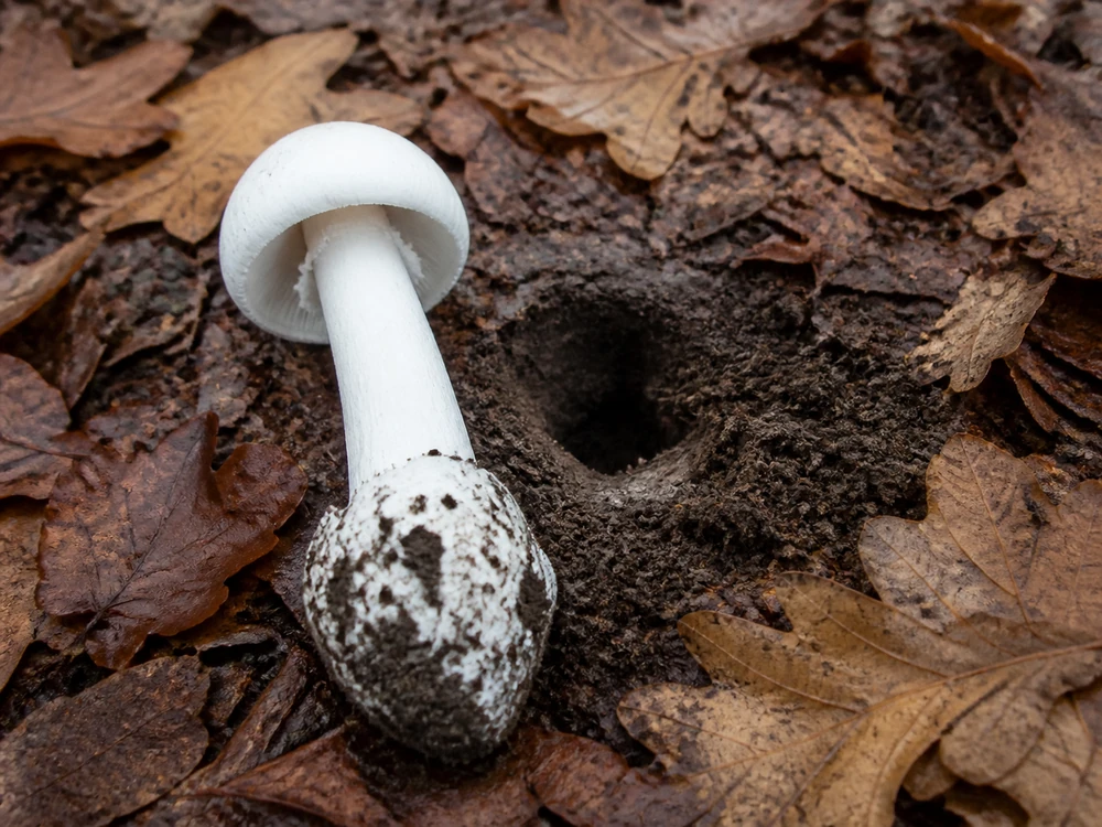 A white destroying angel lifted intact from oak leaf litter with a soil-caked membranous sac around its swollen base beside the open hole