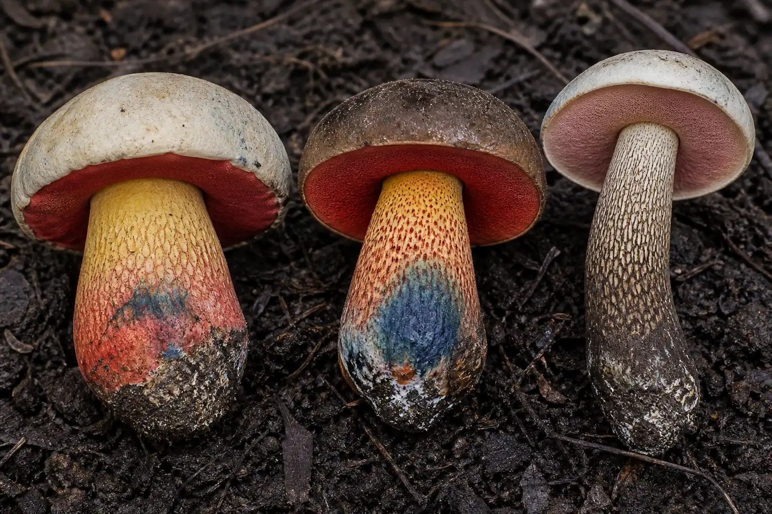 Devil's bolete beside a dark-capped dotted-stem bolete and a pink-pored bitter bolete with every stem base visible
