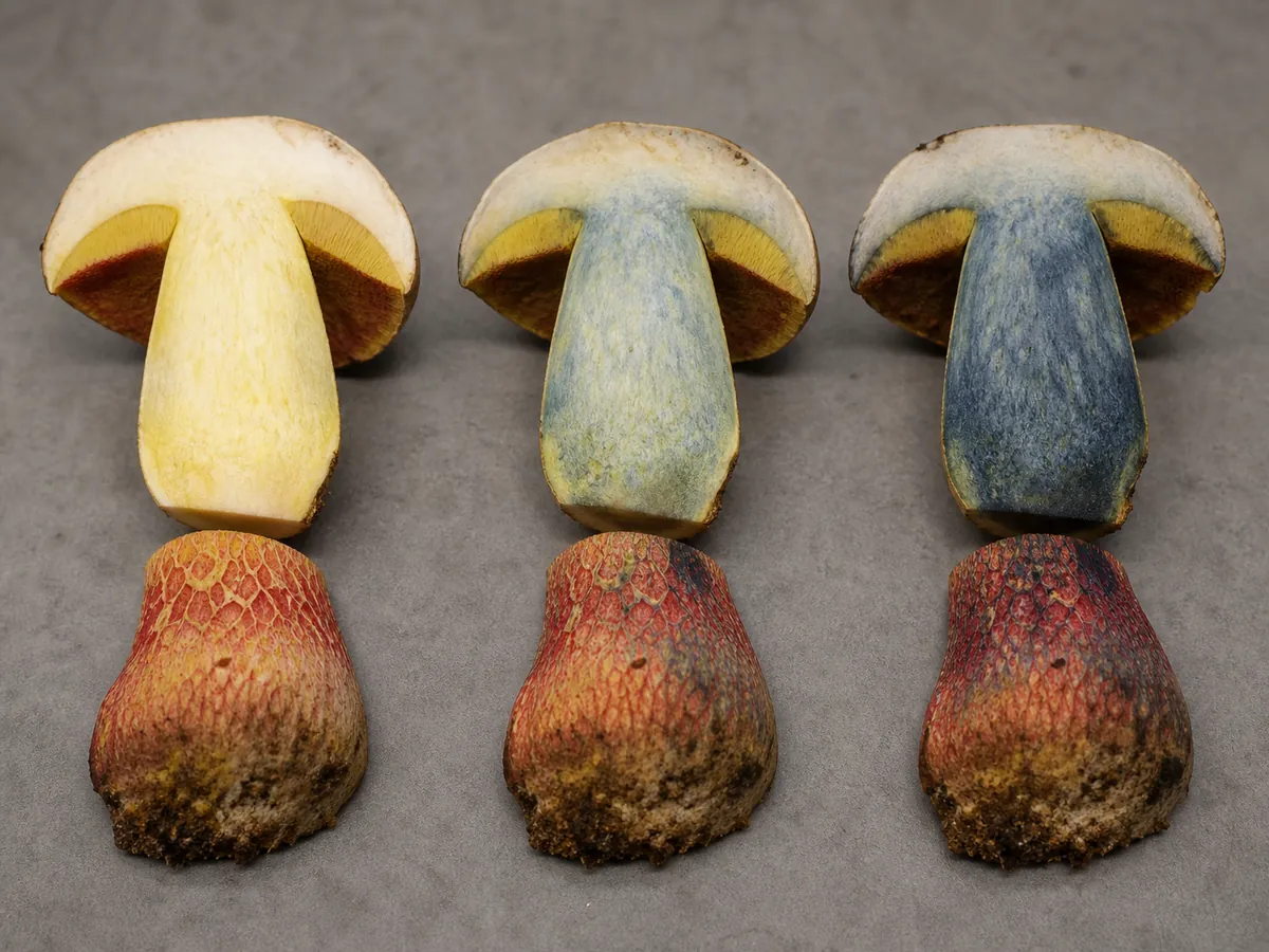 Devil's bolete cut open with yellow tubes, pale flesh, red pores, and timed blue staining at one and five minutes