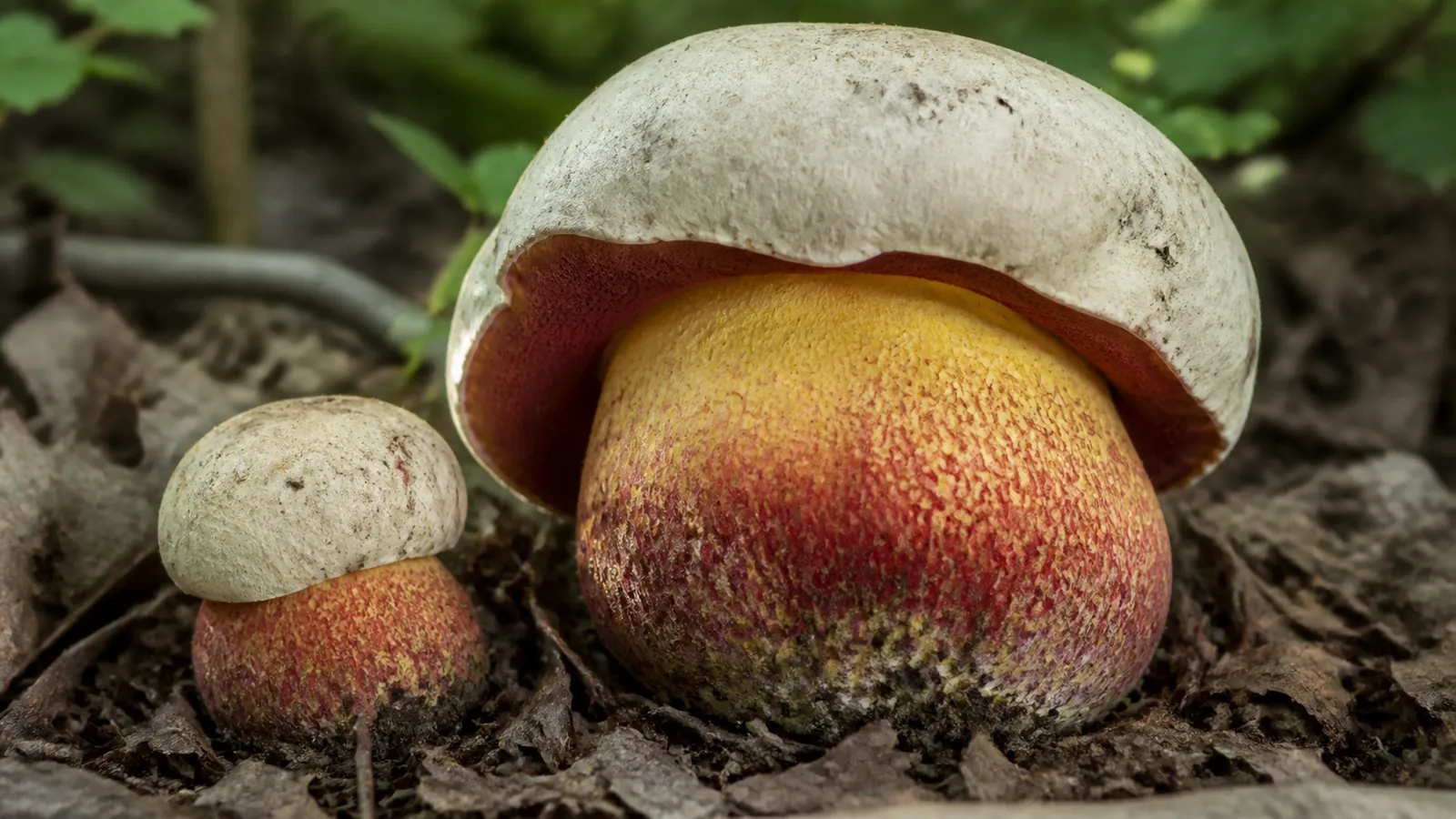 Massive devil's bolete with a pale cap, red pores, and bulbous red-netted stem in leaf litter