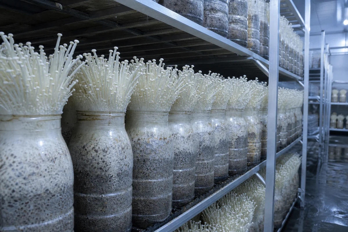Rows of tall plastic bottles on metal racks inside a growing facility, each packed with substrate and topped with a dense white brush of long thin stems growing straight upward under cool dim light