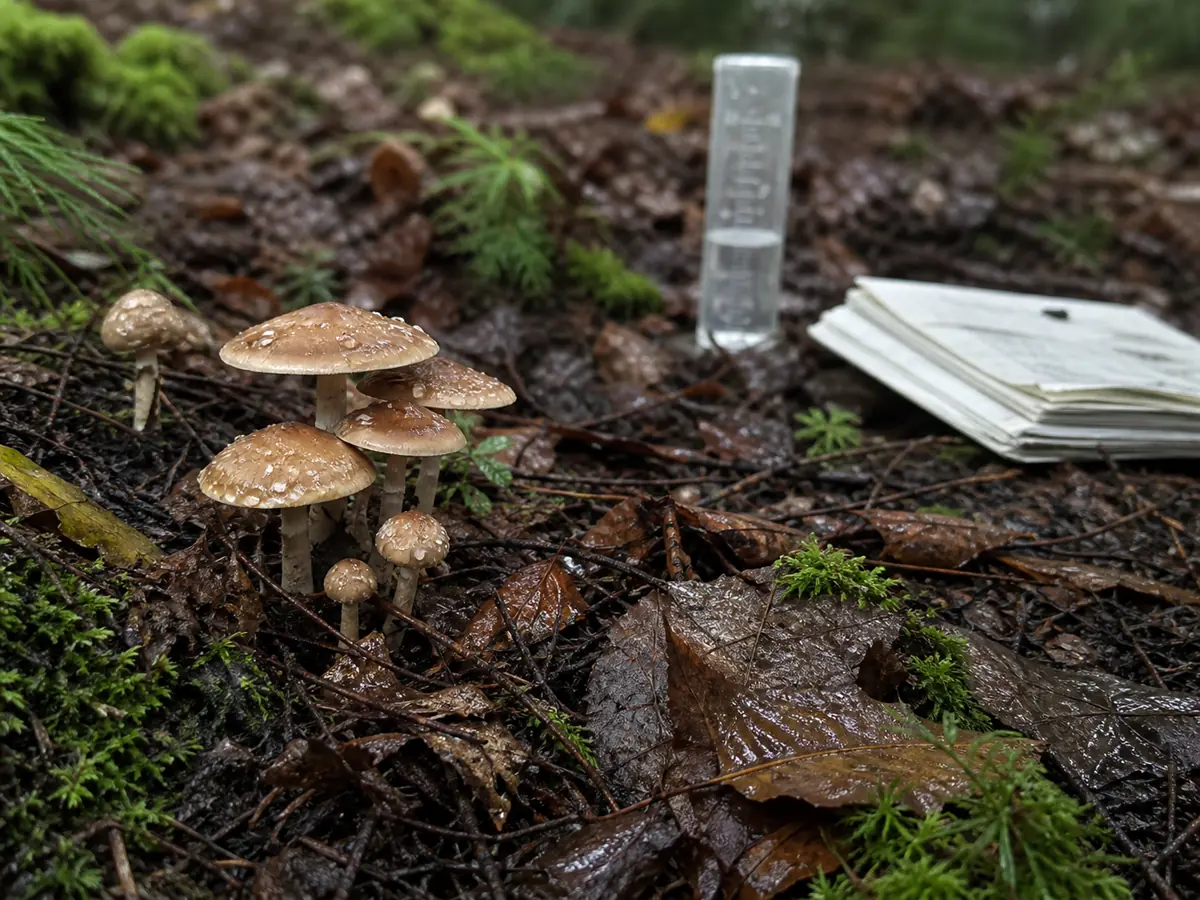 Fresh woodland mushrooms in wet leaf litter after autumn rain - fall fruiting conditions