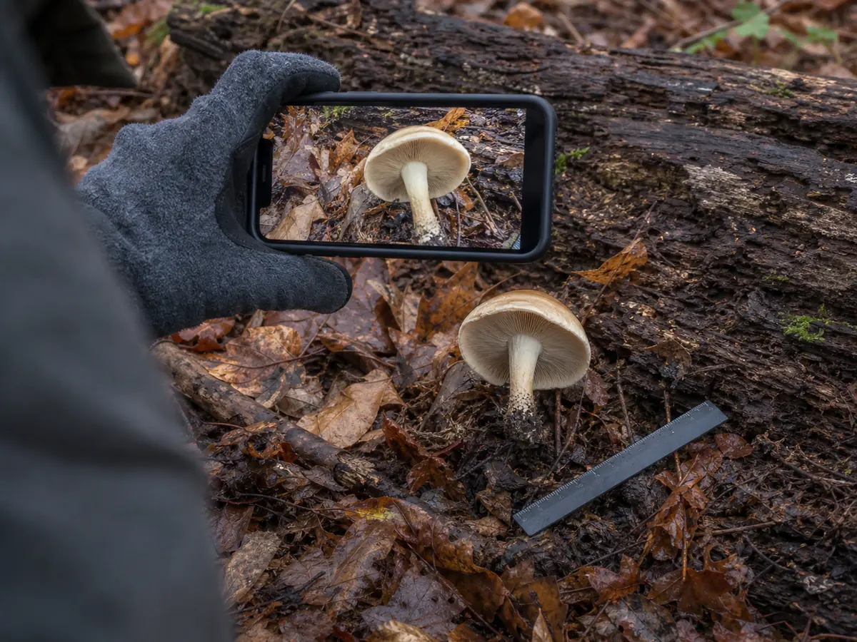 A forager photographs the underside and habitat of an intact autumn mushroom - field documentation