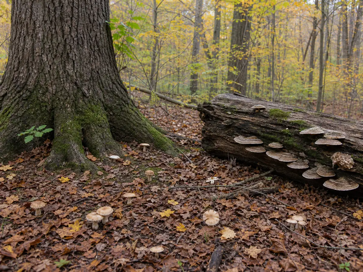 Soil-fruiting mushrooms near a living tree and shelf fungi on fallen hardwood - autumn mushroom habitat