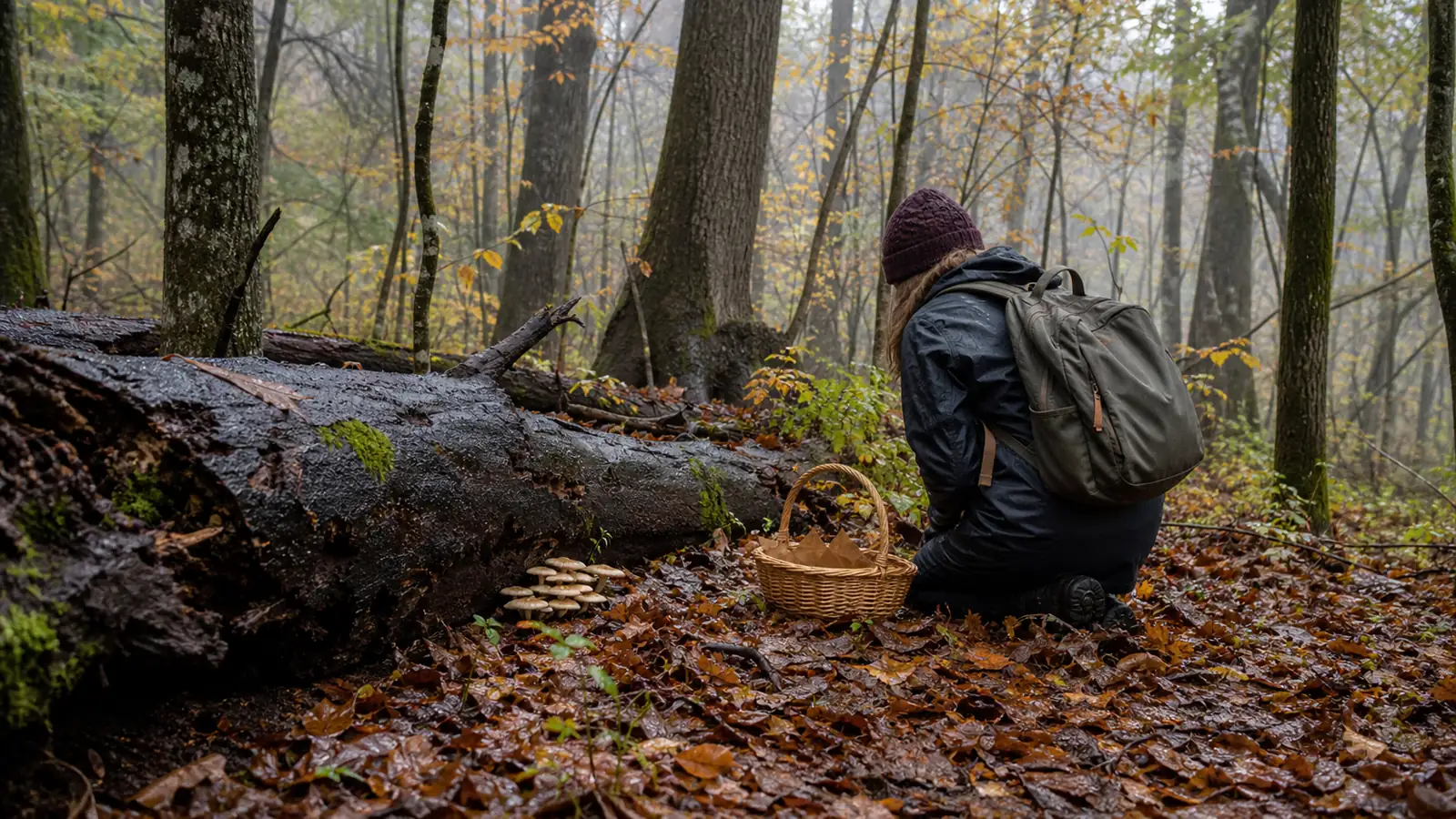 A forager observing mushrooms beside wet fallen wood in an autumn forest - fall mushroom foraging | KnowTheSpore