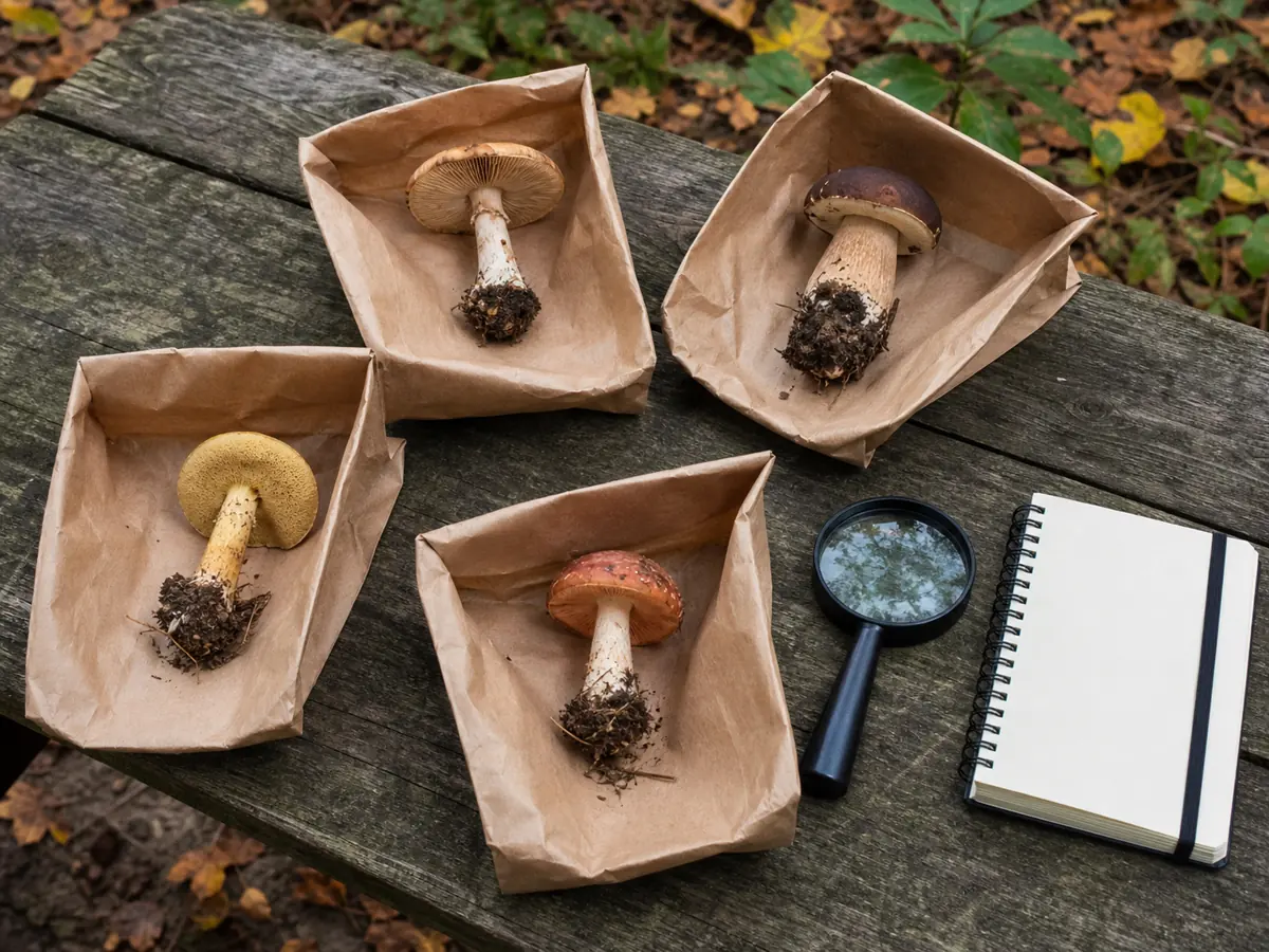 Four wild mushroom specimens kept apart in paper containers for review - safe fall collecting
