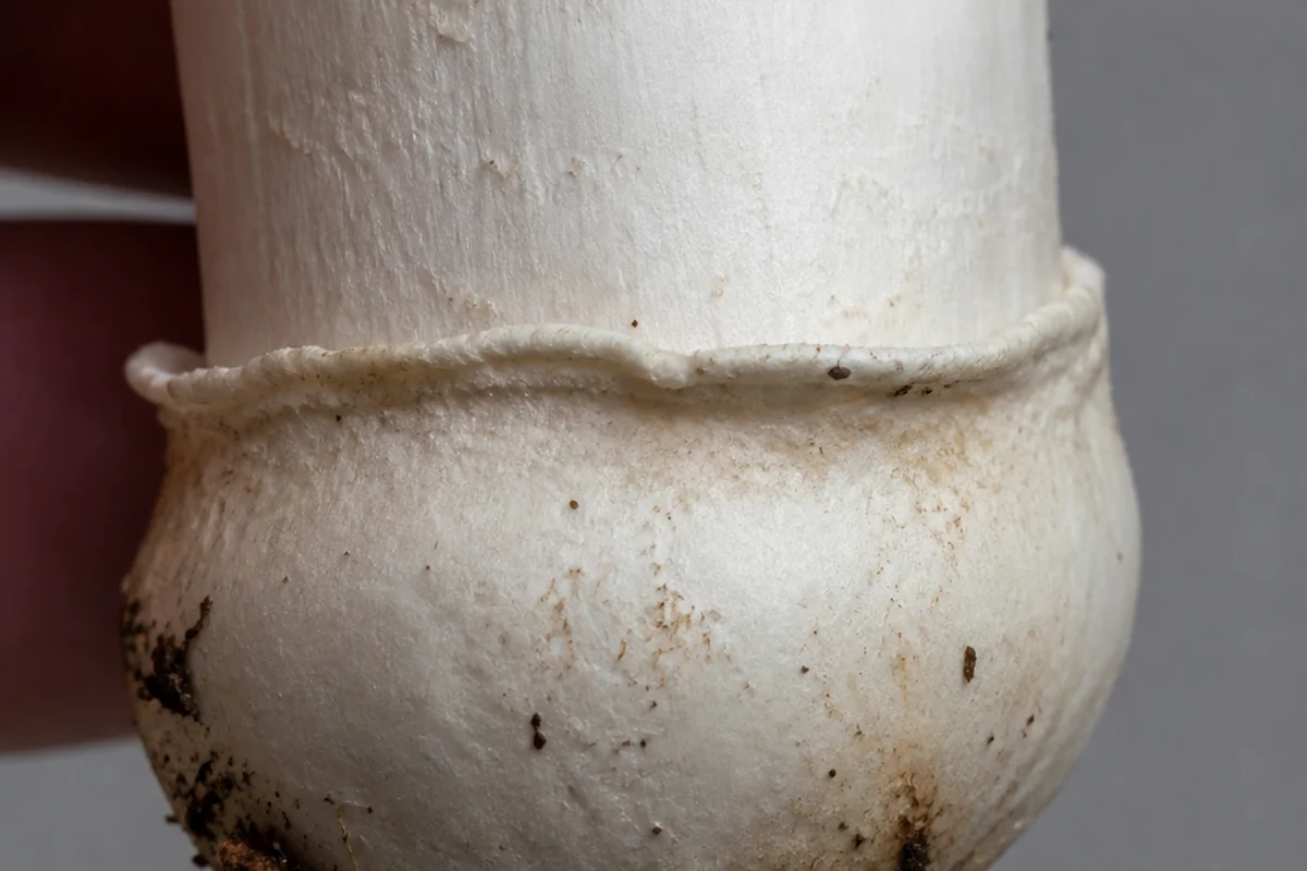 The excavated base of a white mushroom stem showing an abrupt rounded basal bulb with a distinct gutter-like rim running around its top edge where the white sheath presses against the stem