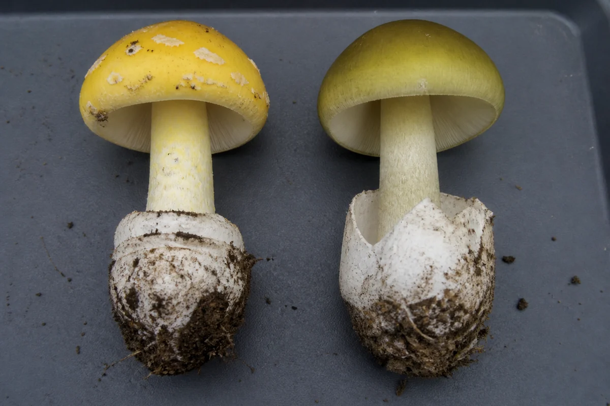 Two mushrooms side by side on a dark tray with complete bases intact, the left pale lemon yellow with white veil patches and an abrupt rimmed bulb, the right smooth greenish olive with no patches and a loose white sac around its base