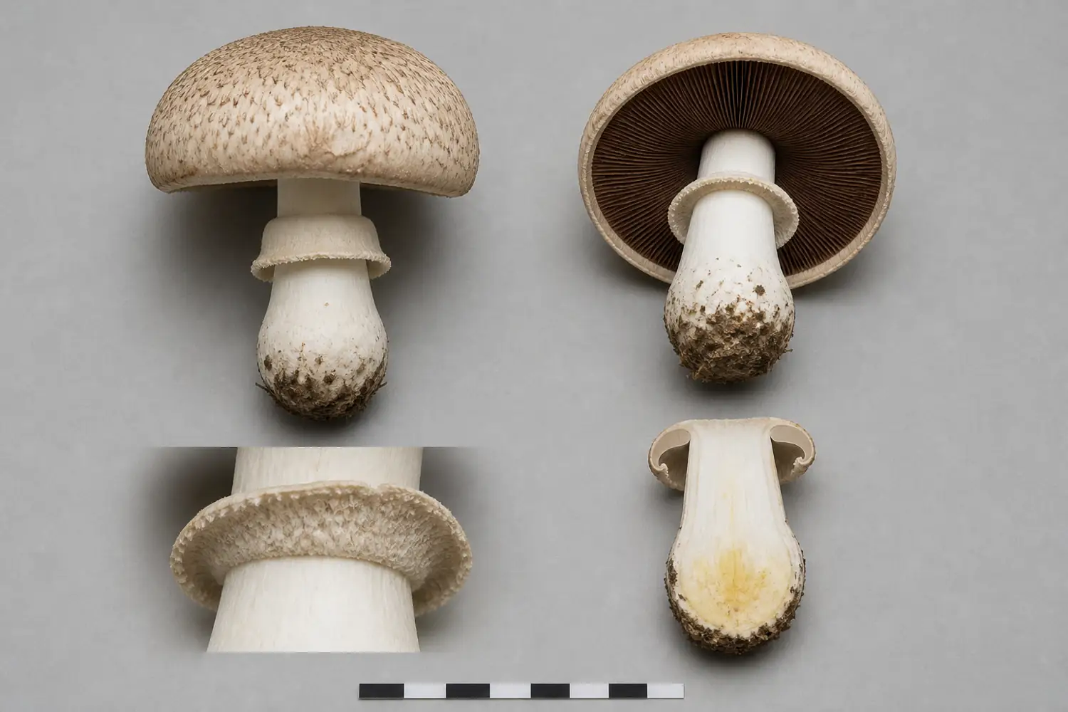 Whole felt-ringed agaricus, free gills, woolly ring underside, and yellowing cut base