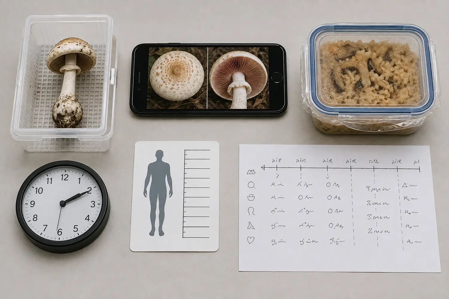 Intact specimen, cap and gill photos, cooked leftovers, clock, patient scale card, and symptom timeline