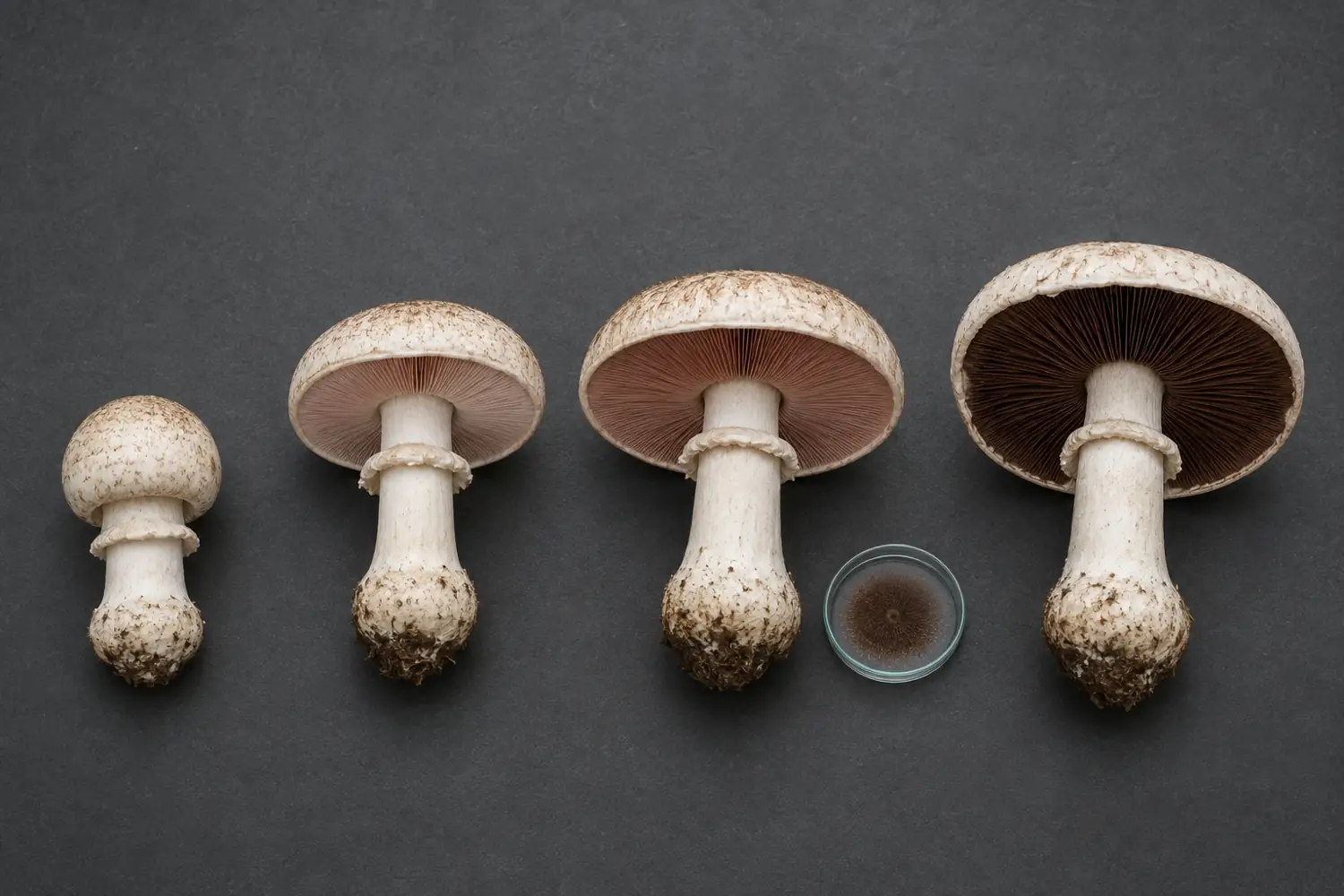 Felt-ringed agaricus from closed button to mature chocolate-brown gills