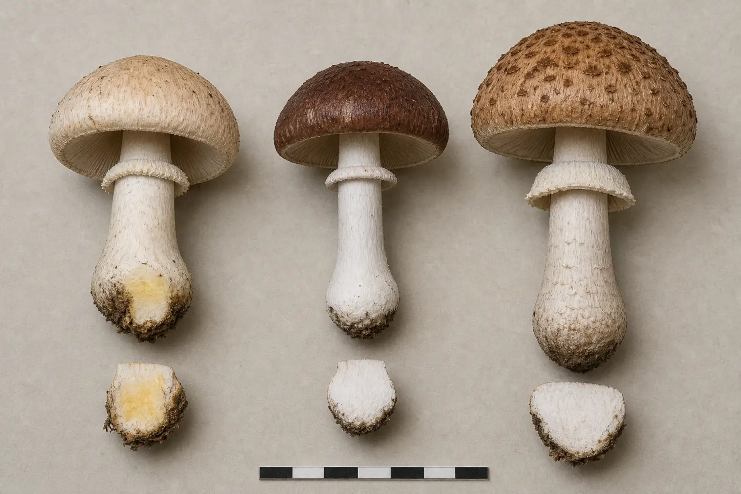 Felt-ringed agaricus beside two western woodland Agaricus forms with their cut bases