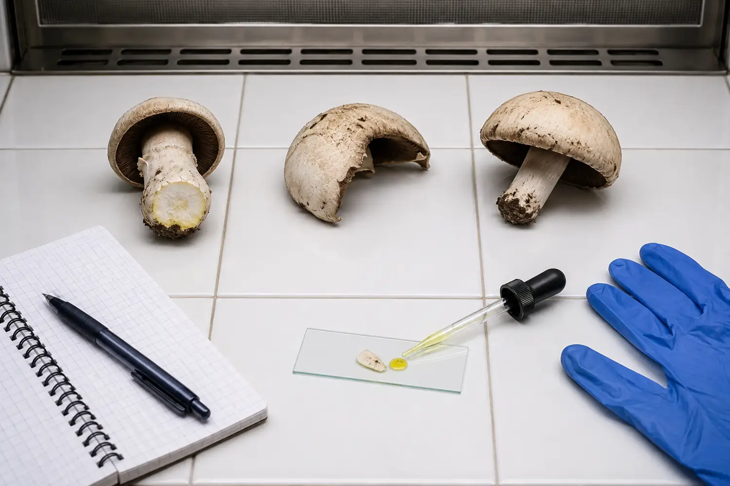 Cut stem base, scraped cap, and controlled tissue reaction from felt-ringed agaricus