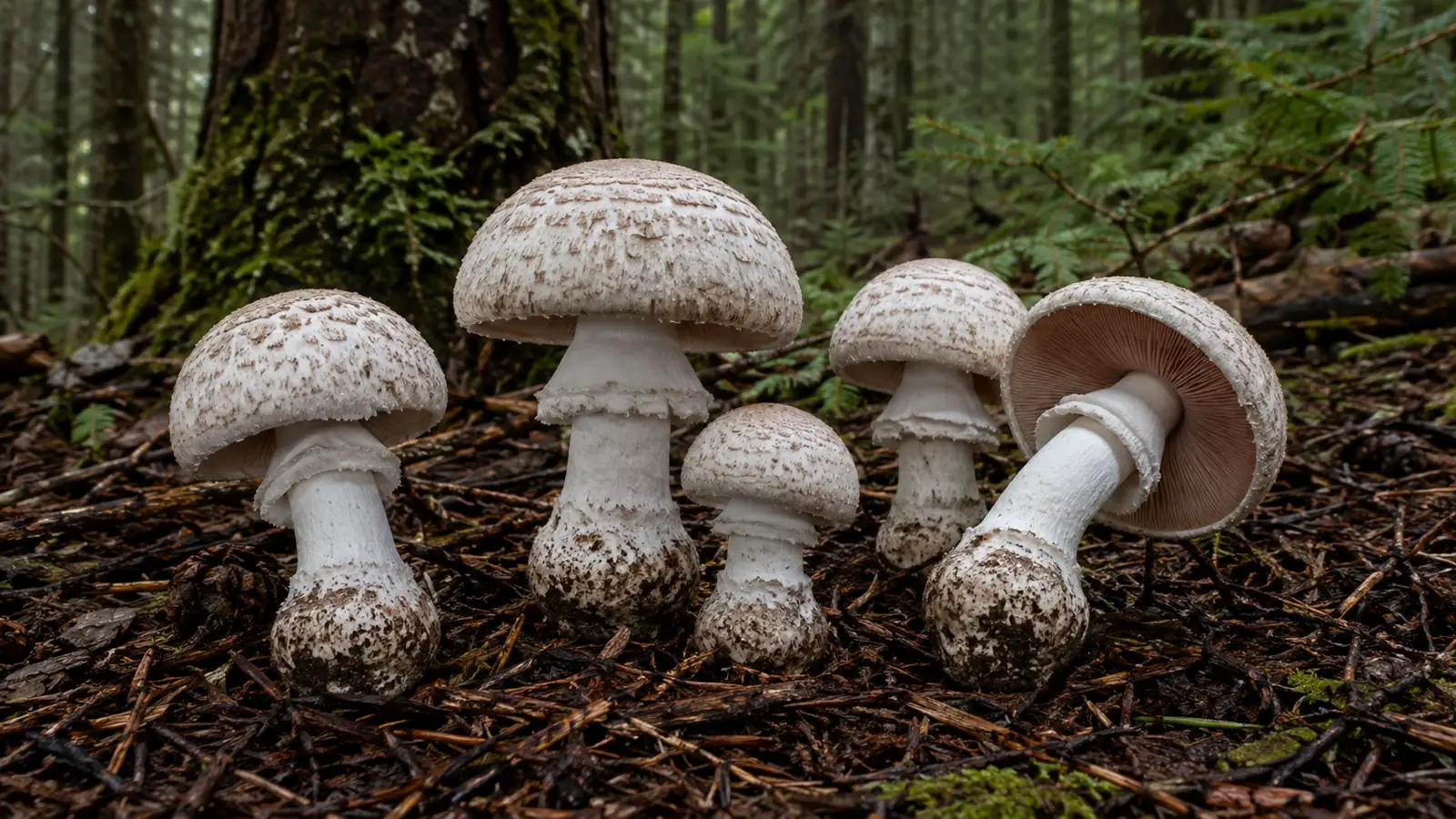 Felt-ringed agaricus mushrooms in western conifer woodland