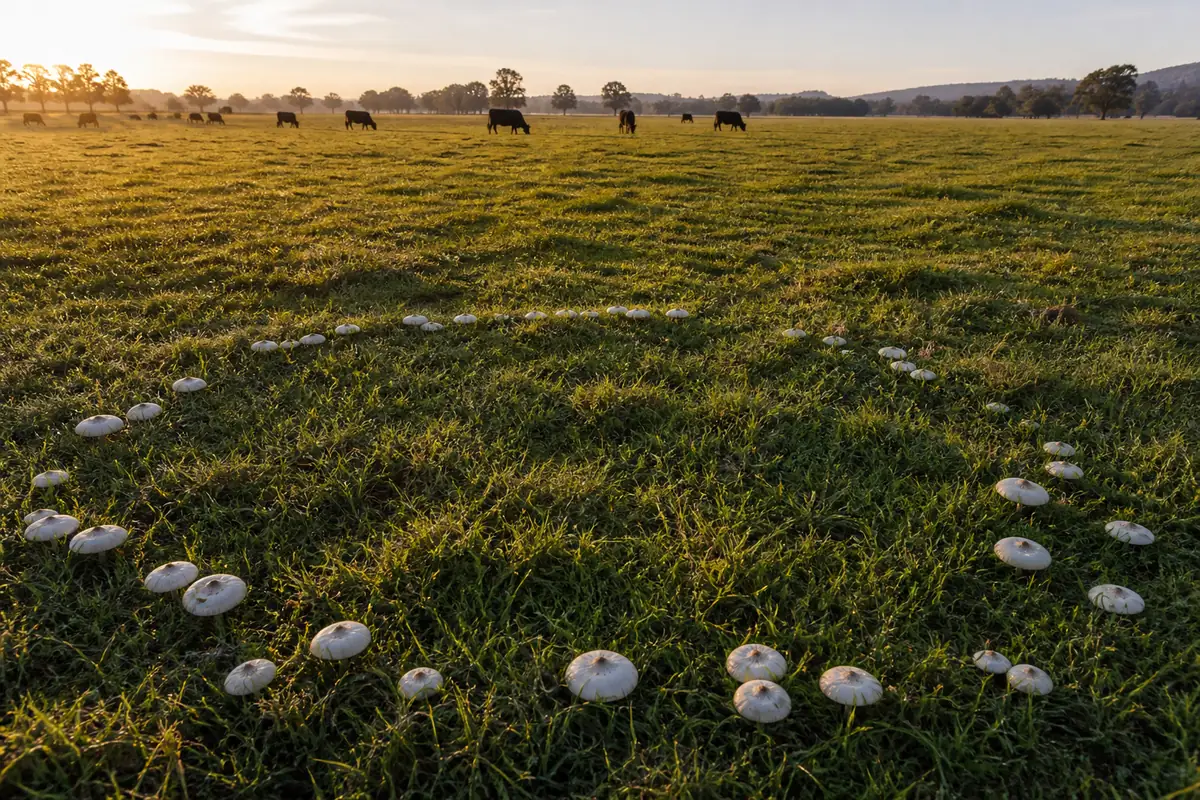 Open grazed pasture at dawn with short cropped grass, cattle in the distance, and a wide arc of white-capped mushrooms curving across the foreground